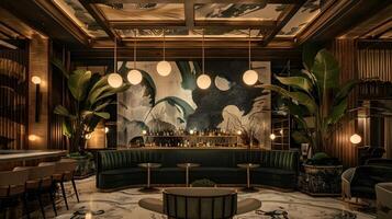 Hotel bar in mostra arte deco stile e moderno lusso con velluto divani e tropicale impianti foto