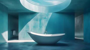indipendente vasca nel dai toni blu tranquillo lusso bagno con lucernario e minimalista design foto