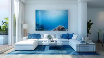 un' moderno vivente camera con blu corallo scogliera pittura e tropicale giardino Visualizza foto