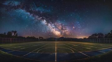 lacrosse campo sotto latteo modi orologio infinito echi di polvere di stelle nel il immobilità di notte foto