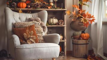 un' accogliente lettura angolo con tonalità della terra cuscini e rustico di legno mensola pieno con autunno foto