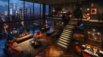 ultramoderno piano aperto appartamento si crogiola nel città luci splendore contro notte cielo foto