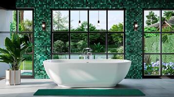 bagno ritiro elegante indipendente vasca impostato contro Smeraldo mosaico parete con lussureggiante giardino Visualizza, foto