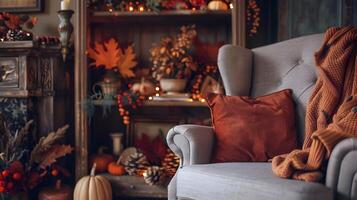 autunno a tema vivente camera con accogliente grigio poltrona e invitante arredamento foto