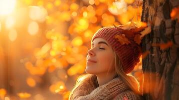 armonioso donna Abbracciare una persona autunno luce del sole in mezzo quercia albero e croccante le foglie foto