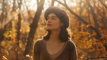 autunno Soli caldo abbraccio tranquillo, calmo donna nel di moda maglia berretto affascinato di d'oro foresta fogliame foto