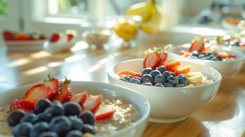 prima colazione scena con parecchi ciotole di fiocchi d'avena sormontato con vivace frutta foto