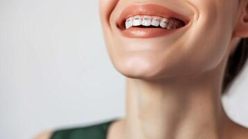 bretelle su denti bellissimo rosso labbra e bianca denti con metallo bretelle. un' ragazze Sorridi. foto
