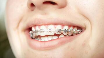 bretelle su denti bellissimo rosso labbra e bianca denti con metallo bretelle. un' ragazze Sorridi. foto
