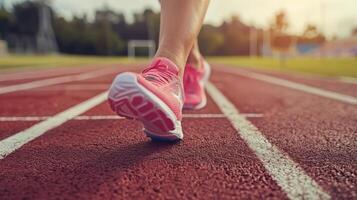 fitness, gli sport, addestramento, persone e stile di vita concetti. avvicinamento di donna di piedi in esecuzione su un' traccia a partire dal dietro. foto