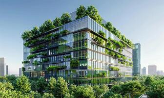 sostenibile ufficio porto nel un' moderno paesaggio urbano, promozione ambientale responsabilità foto