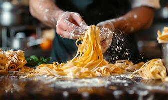 capocuoco lavorazione fatti in casa pasta, avvicinamento processi foto