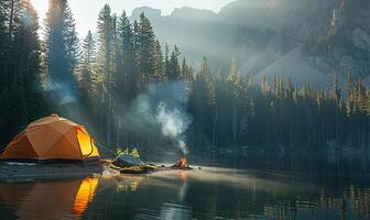 campeggio tenda con cupola, caldo sole, sponde del lago tra montagne foto