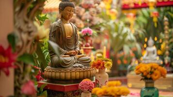 un' Budda statua circondato di ardente candele e fiori. il concetto di contento Vesak giorno. Esperienza il sereno bellezza di un' buddista santo. il bokeh effetto nel il sfondo. foto