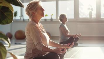 più vecchio donne pratica yoga, meditare nel yoga classi e condurre un attivo e salutare stile di vita. la pensione Hobby e tempo libero attività per il anziano. bokeh nel il sfondo. foto