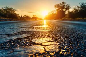 tramonto scintillante su un' Esposto alle intemperie strada superficie. foto