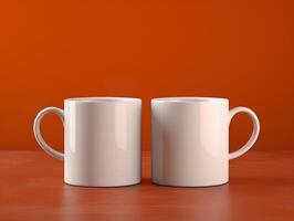 Due bianca vibrante colore moderno boccale modello su pulito arancia sfondo foto