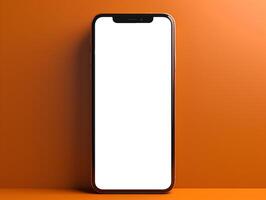 bianca schermo Telefono su pulito buio arancia sfondo foto