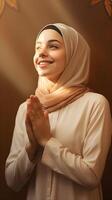 europeo donna indossare sciarpa è preghiere e sorridente su Marrone sfondo foto