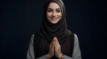 europeo donna indossare sciarpa è preghiere e sorridente su nero sfondo foto