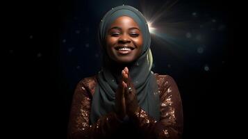 africano donna indossare sciarpa è preghiere e sorridente su nero sfondo foto