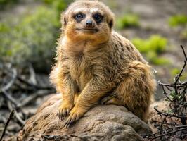 avvicinamento di un' vigile meerkat arroccato su un' roccia nel un' naturale ambientazione foto