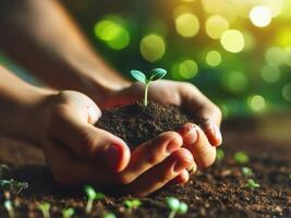verde frondoso seme in crescita nel fertile suolo tenuto di un adulto mani, ambientale design concetto foto
