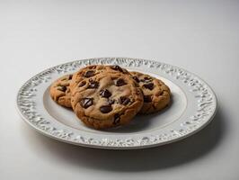 cioccolato patata fritta biscotti su piatto nel bianca sfondo foto