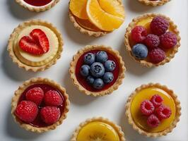 tartellette con frutti di bosco su un' bianca sfondo, superiore Visualizza. foto