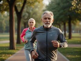 anziano coppia jogging nel il parco. salutare stile di vita e sport concetto. foto