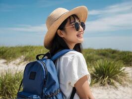 ritratto di un' bellissimo asiatico donna indossare cappello, occhiali da sole e zaino su il spiaggia foto