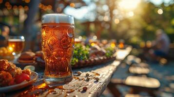 boccale di birra e spuntini su un' di legno tavolo nel il giardino foto