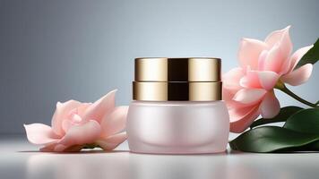 elegante cura della pelle crema vaso con d'oro tagliare e rosa magnolia fiori - lussuoso idratazione e ringiovanimento foto