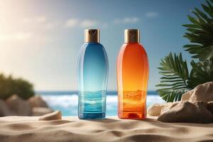 Due bottiglie di profumo su il spiaggia con palma alberi foto