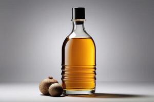 elegante ambra olio bottiglia con tappi su minimalista fondale foto