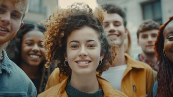 un' diverso gruppo di giovane adulti sorridente guardare foto