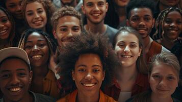 un' diverso gruppo di giovane adulti sorridente guardare foto