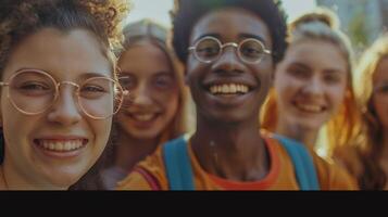 un' diverso gruppo di giovane adulti sorridente guardare foto