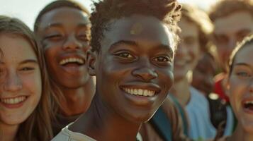 un' diverso gruppo di giovane adulti sorridente guardare foto