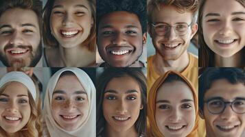 un' diverso gruppo di giovane adulti sorridente guardare foto