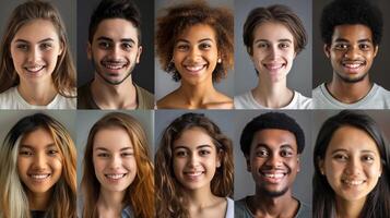 un' diverso gruppo di giovane adulti sorridente guardare foto