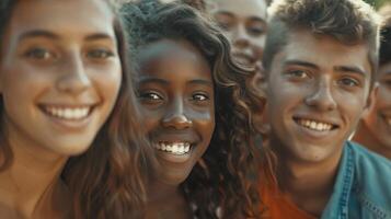 un' diverso gruppo di giovane adulti sorridente guardare foto