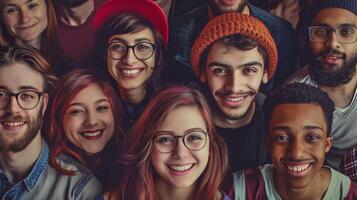 un' diverso gruppo di giovane adulti sorridente guardare foto