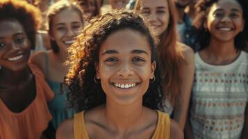 un' diverso gruppo di giovane adulti sorridente guardare foto