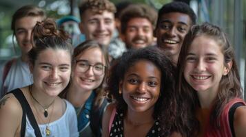 un' diverso gruppo di giovane adulti sorridente guardare foto