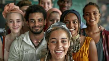 un' diverso gruppo di giovane adulti sorridente guardare foto