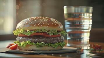 un' Hamburger con un' bicchiere di acqua su il lato foto