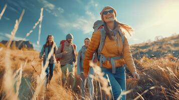 un' gioioso gruppo di persone esplorando natura foto