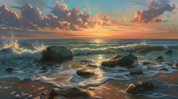 un' pittura di rocce nel il oceano con il sole foto