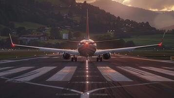 un' aereo è su il pista di decollo con il parole foto